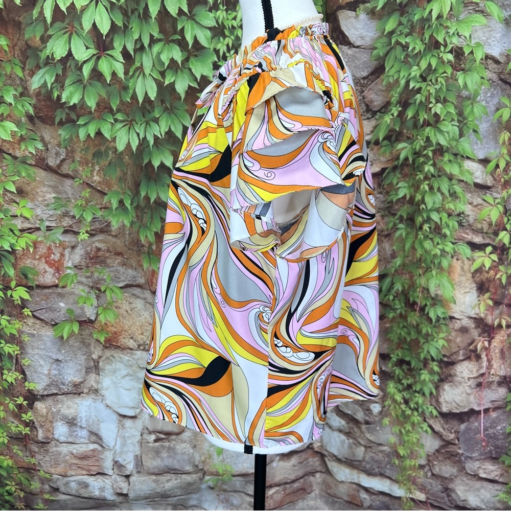 BEFORE YOU WITH LOVE Retro 60s Pattern Multicolor Ruffle Sleeve Blouse, S - Picture 6 of 10